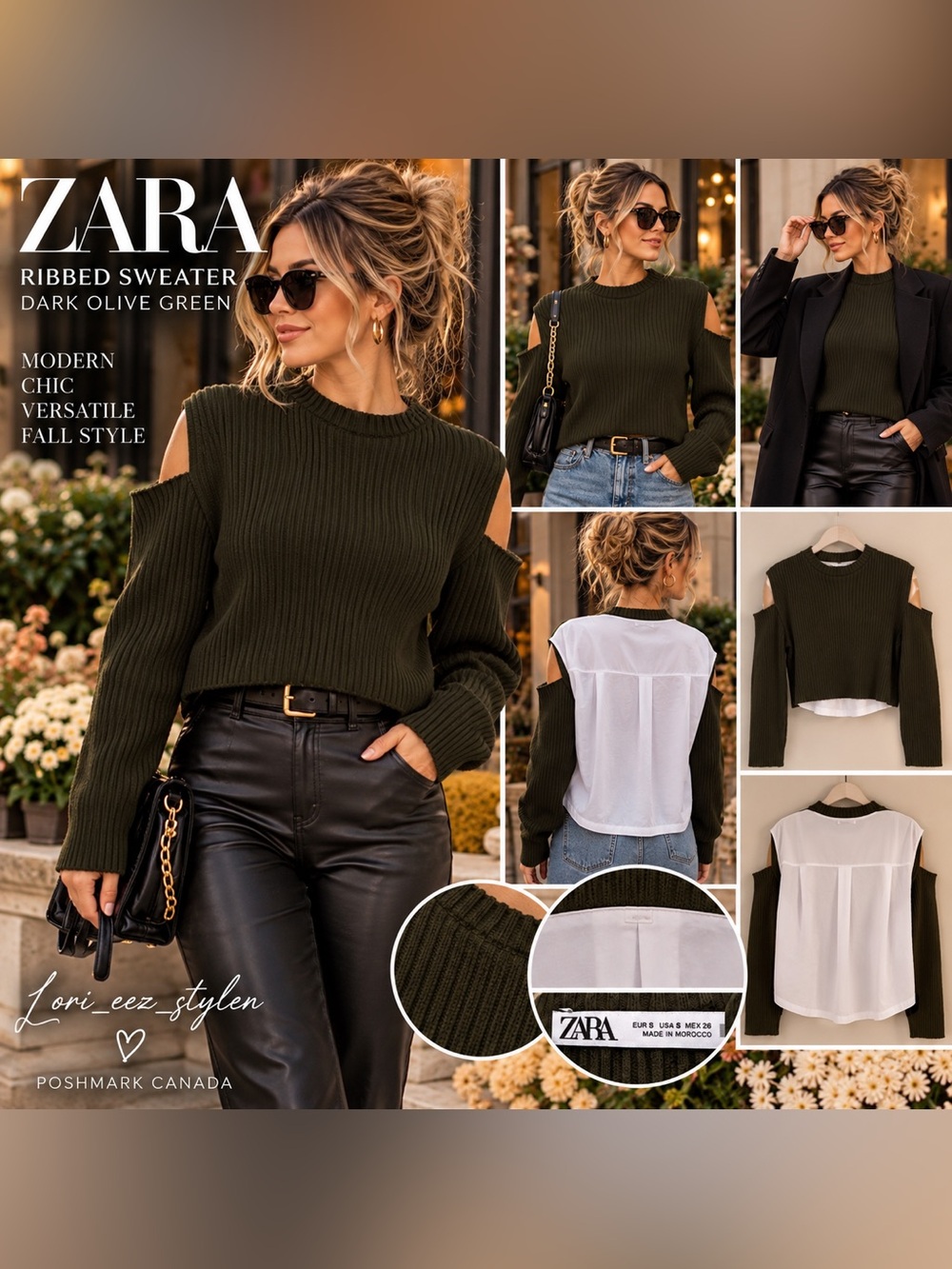 ZARA Olive Green Cutout-Shoulder Ribbed Crew Sweater
